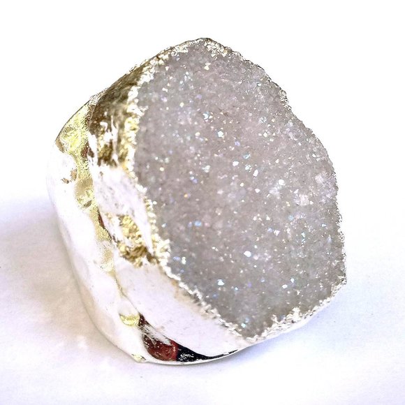 Kth Element Other - Men's Silver Druzy Agate Cocktail Dinner Ring 77.35 carats on Adjustable Band